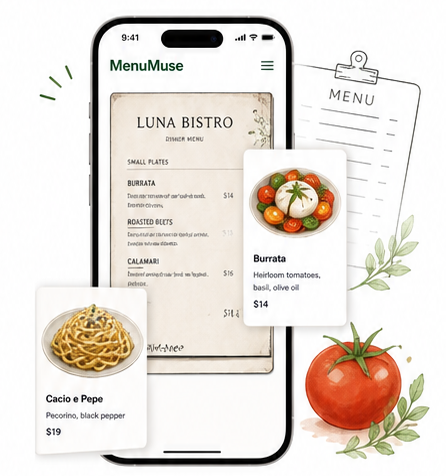 MenuMuse app preview showing a scanned restaurant menu and illustrated dish cards